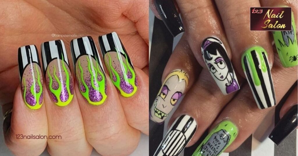 10 Spooky-Creative Beetlejuice Nail Ideas to Try This Halloween 1 Beetlejuice Nail Ideas1