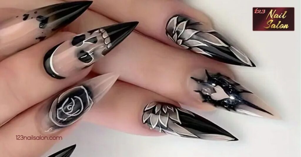 Unleash Your Dark Side: 25 Stunning Goth Nail Ideas to Elevate Your Style 3 Dark Floral Designs