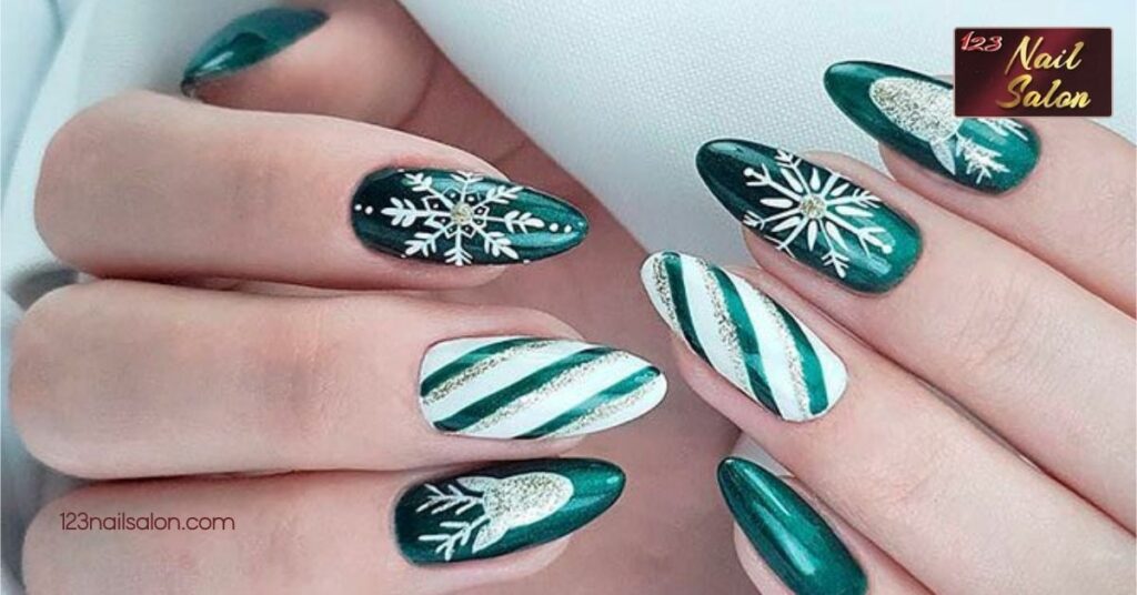 17 Stunning Christmas Dip Powder Nail Ideas to Elevate Your Holiday Style 4 Emerald Green with Snowflake Designs
