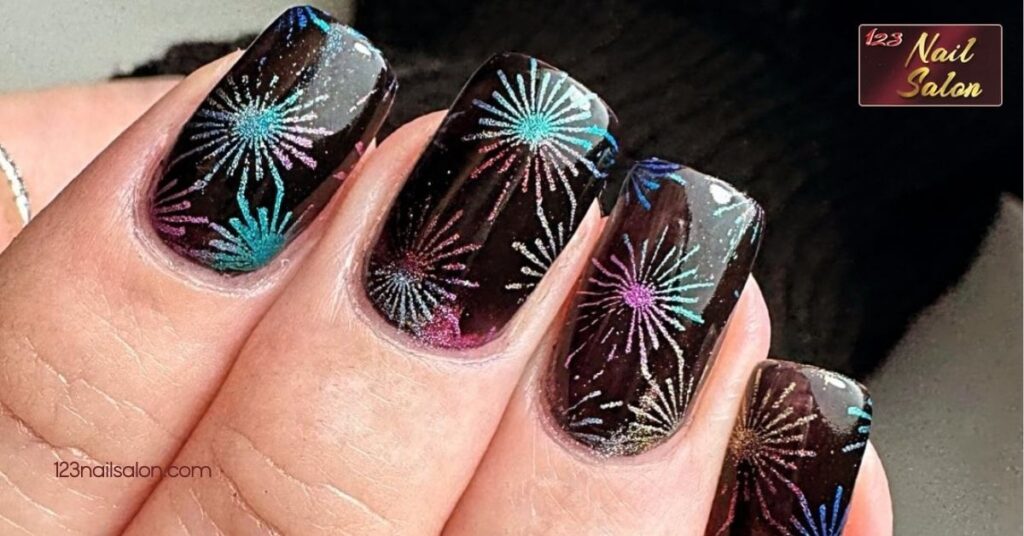 10 Stunning Nail Art Ideas for New Year: Sparkle Your Way into 2025 6 Fireworks Inspired Designs