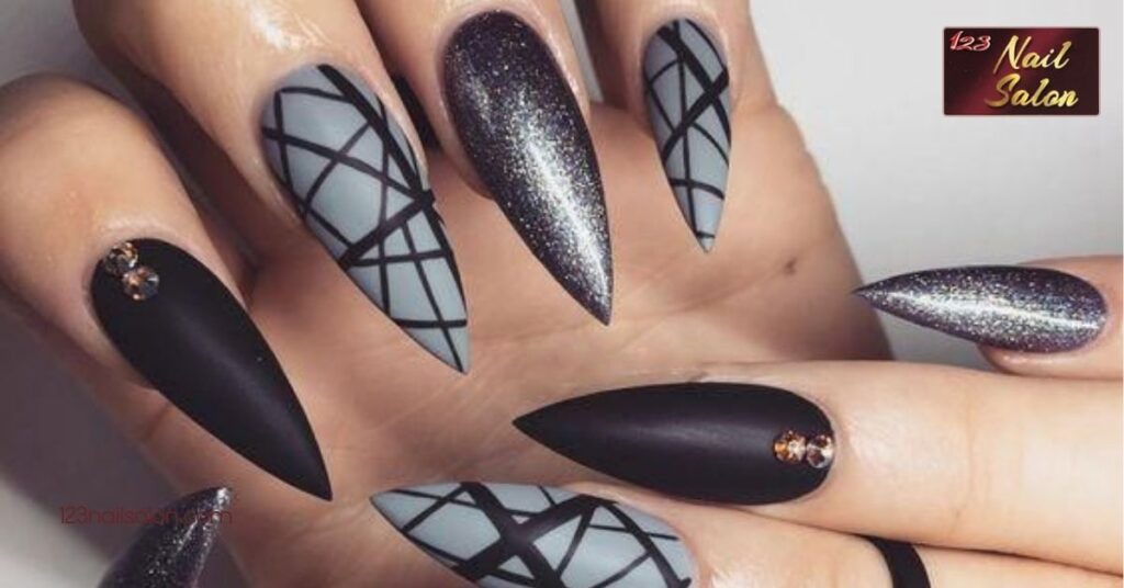 20 Stunning Stiletto Nail Art Ideas to Elevate Your Manicure Game 4 Geometric Patterns on Stiletto Nails