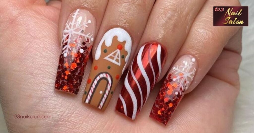 17 Stunning Christmas Dip Powder Nail Ideas to Elevate Your Holiday Style 11 Gingerbread House Patterns on Nails