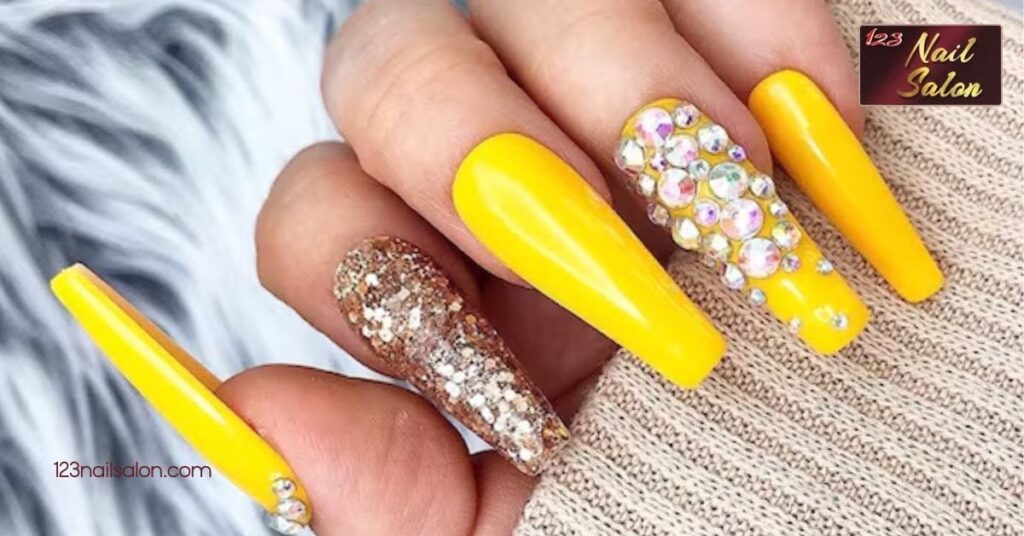 30 Stunning Yellow Nail Ideas to Brighten Up Your Style All Year Round 5 Glittery Gold and Yellow Combos