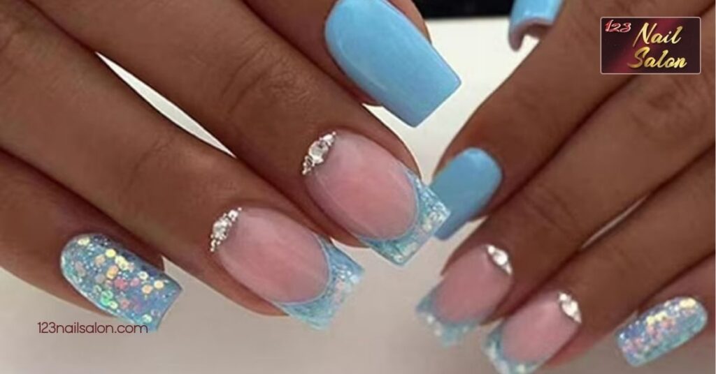 20 Stunning Blue Nail Ideas to Elevate Your Style All Year Round 9 Rhinestone Studded Blue Nails