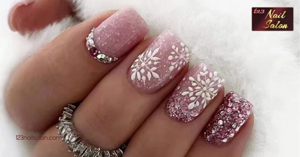10 Festive Christmas Nail Design Ideas That Will Make Your Holidays Sparkle 2 Sparkling Snowflake Patterns