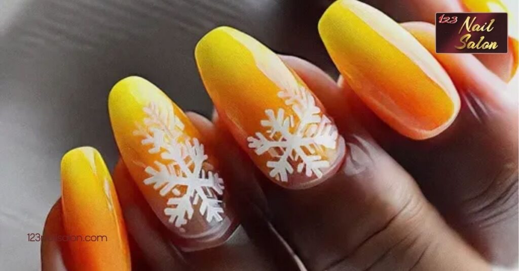 30 Stunning Yellow Nail Ideas to Brighten Up Your Style All Year Round 9 Yellow Nail Art with Snowflakes