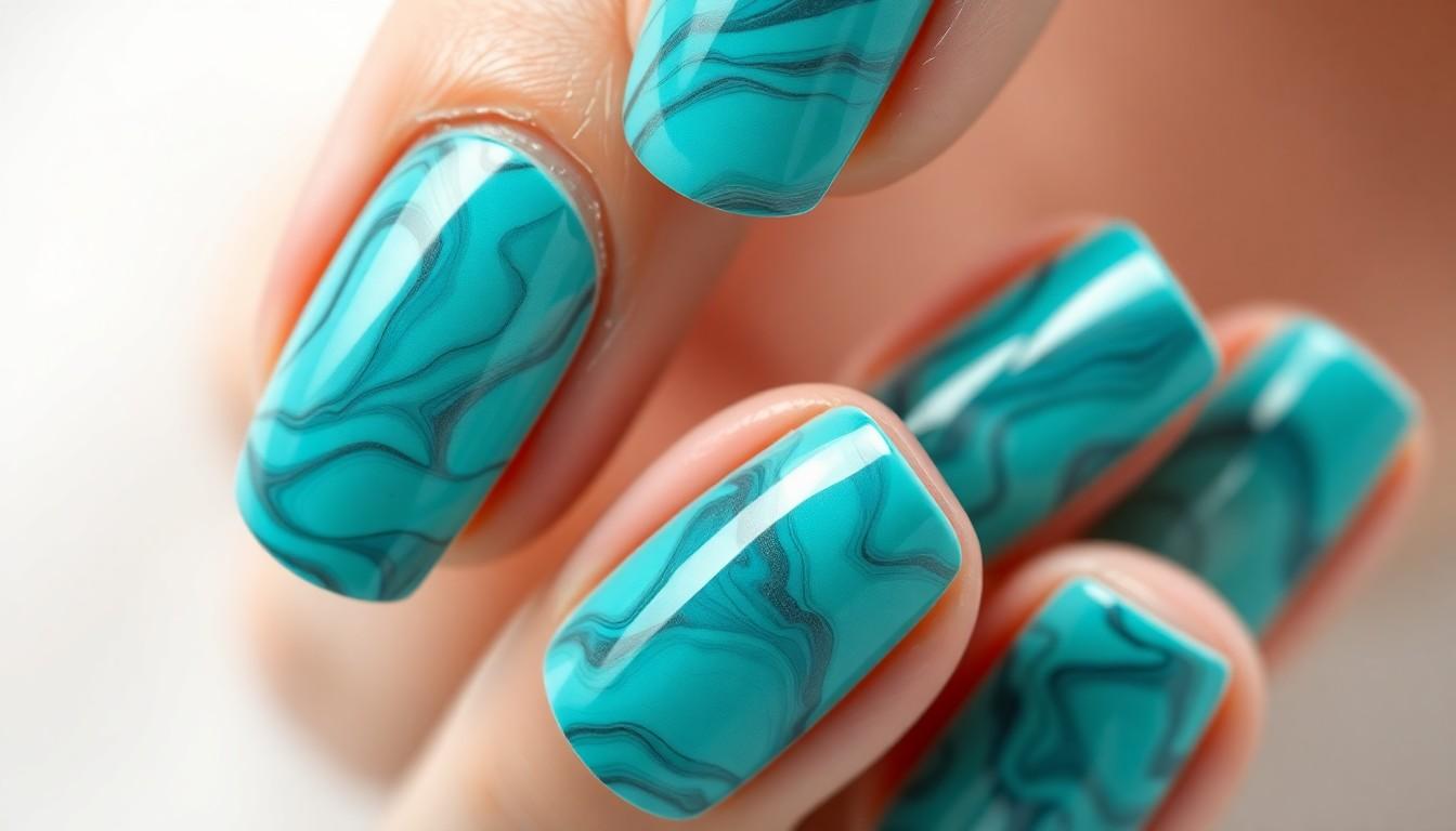 20 Stunning Turquoise Nail Ideas: From Marble Effects to Glittery French Tips 7